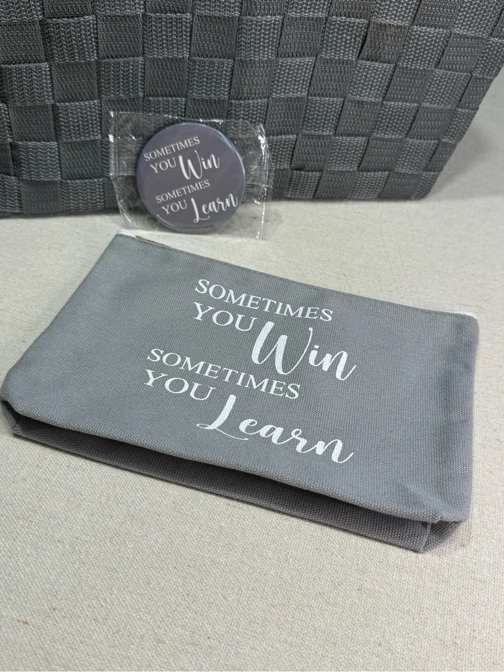 Gray 'Sometimes You Win Sometimes You Learn' Makeup Pouch and Compact Mirror Set